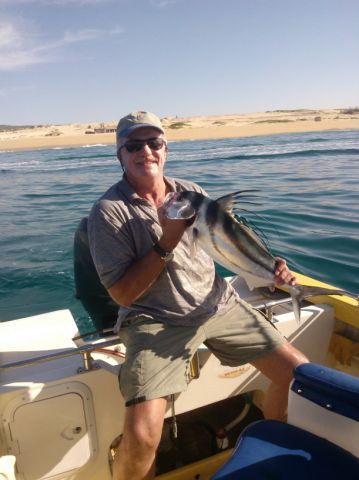 Return VIP Guest Jim Forsythe visiting from Clovis, CA panga fished today with Capt Justo .. he wanted PEZ GALLO (Roosterfish) and he got em!