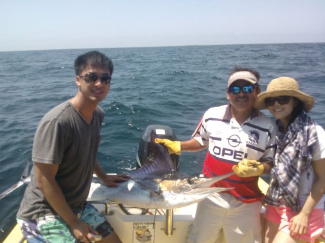 Jane Lee and David Chang VIP Guests visiting from Hayward, California panga fished with us today July 19thThey released this striped Marlin + boated 1 Dorado + 2 Skipjack