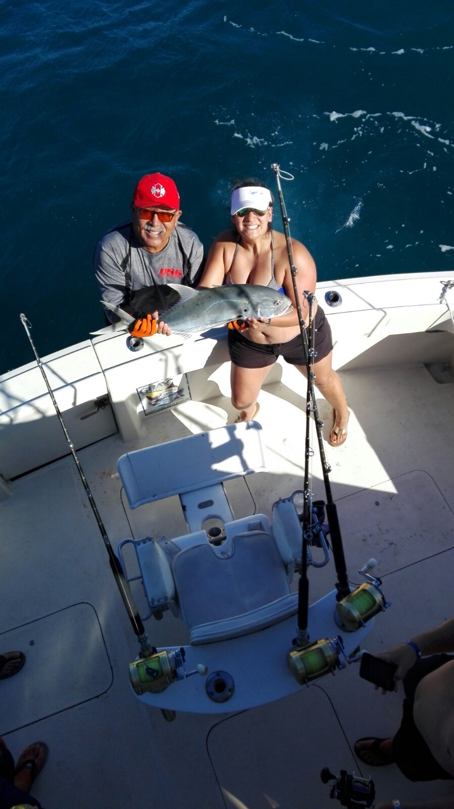 Their days incredible bounty: 1 very large marlin released after posing for photo with Christine, some released Pez Gallo (Roosterfish) and someToro (which will be dinner!)