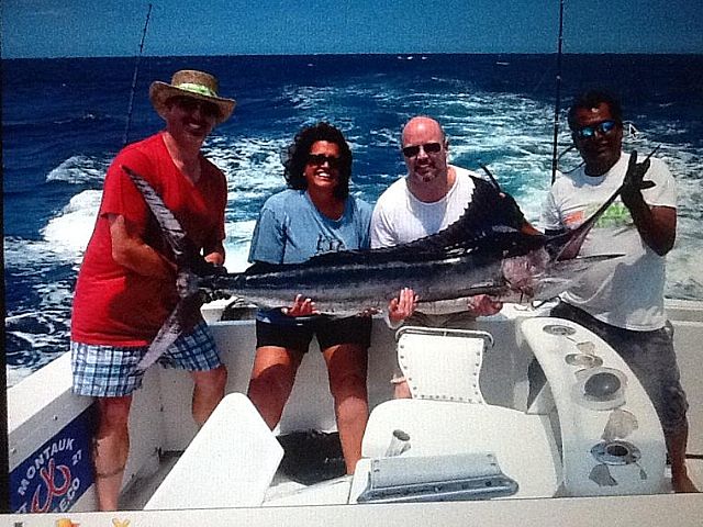 VIP Guests visiting from Los Angeles, California Timothy Lippman, Dan Leiner, and Cynthia Alcala fished with us today July 13th aboard our 31′ Bertram