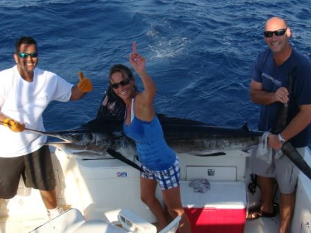 Hi there! Robby and I were just wanting to thank everyone for our two wonderful days of fishing! We had a great time, I caught my first Blue Marlin, (and my arms were feeling it the next day!) Carlos and Raphael were great, they really worked at it all day. We didn’t slay the fish, but what we did catch was fun! Robby caught a nice sailfish, and we caught a few dorado, and one wahoo. We will definitely look you guys up again when we come back! I’m sending you a couple of pictures we took, the guys suggested we send them to you! Also, Robby recommended you to one of his co-workers named Phillip, and I think they are going to look you guys up for their trip around Thanksgiving! THANKS AGAIN!!!!