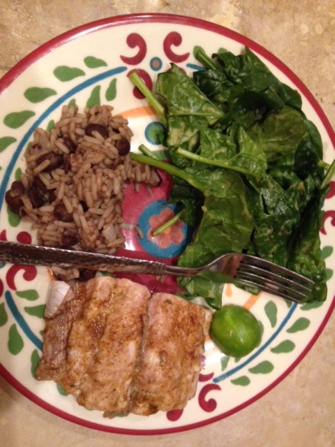 OMGoodness look at that plate of deliciousness – Baked butter lime Spanish Mackeral with salad and rice & beans.