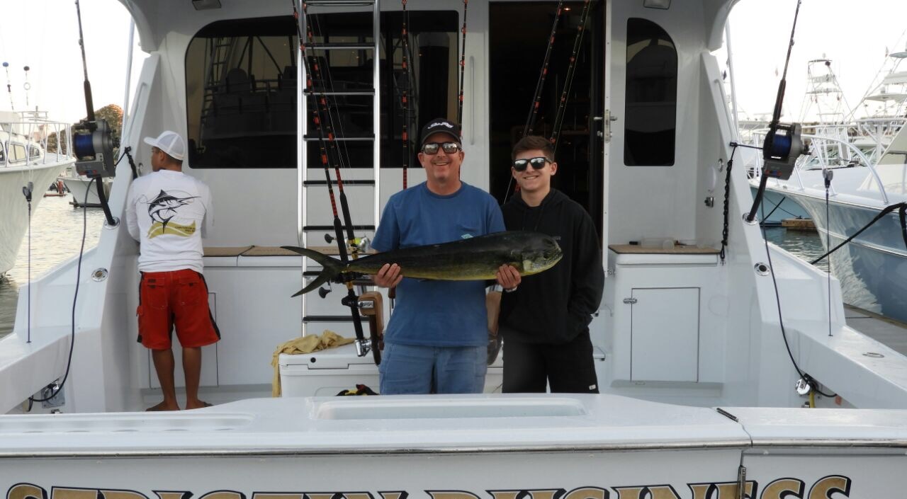 Visiting from Coto de Caza, CaliforniaVIP Guests Brian Hill and son Brandon had an #Outstanding Day today on the 65′ Hatteras with Capt Ruben and Marineros muy Bueno Alberto and Jose catching and releasing 4 Marlin and boating 1 Dorado!