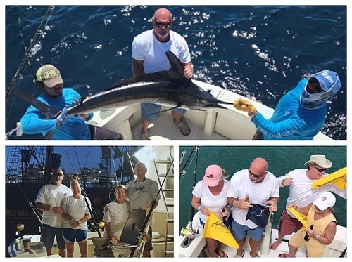 Scott and Becky Mann with friends Jeff and Diana DobbinsMarlin released and Dorado for eats!44′ Hatteras